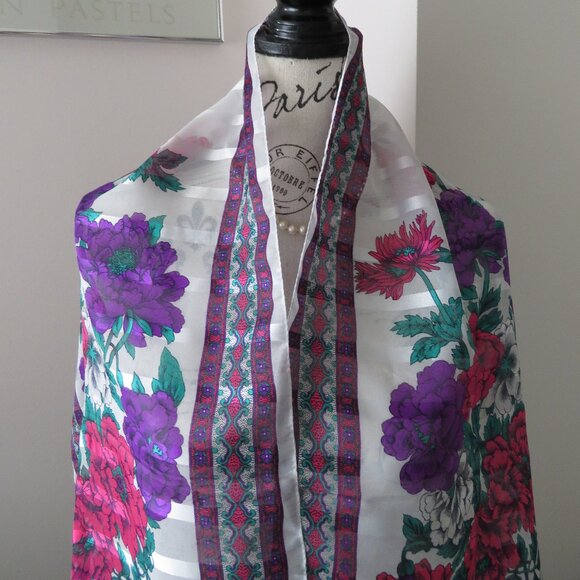 Vintage Floral Long Scarf With Purple, Pink, Green & White - Picture 3 of 9
